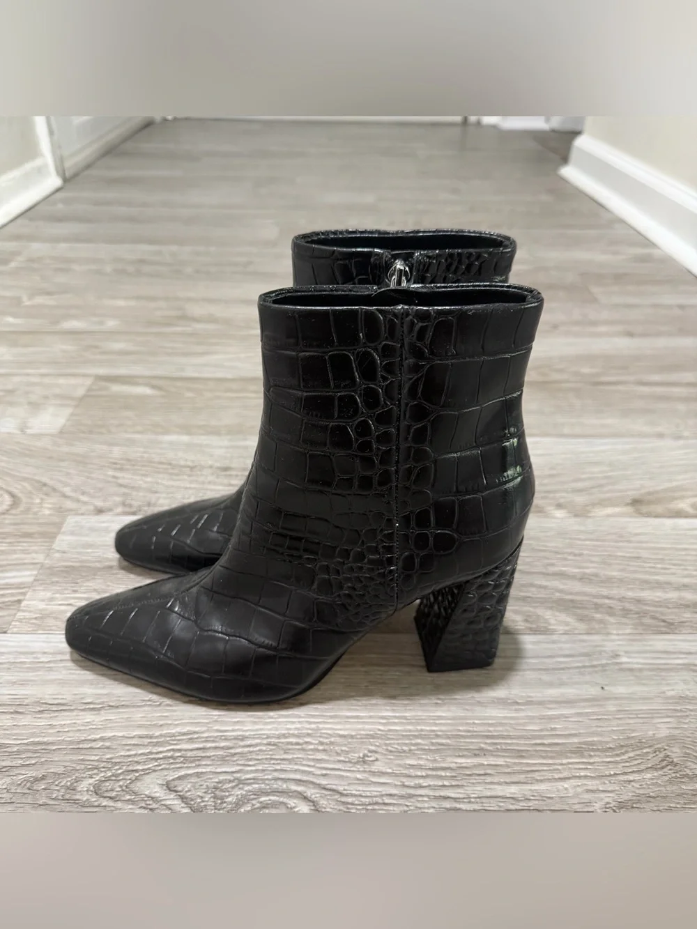 Marc Fisher LTD Yanara Black Croc-Embossed Pointed Toe Block Heel Bootie